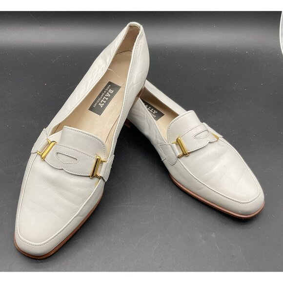 Bally Swiss Leather Loafers Shoes - Bally Womens White Leather Loafers With Gold Buckle Detail Size 7 E Switzerland